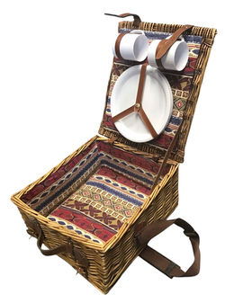 Fabric-Lined Wicker Basket Picnic Set with Dishes and Shoulder Strap