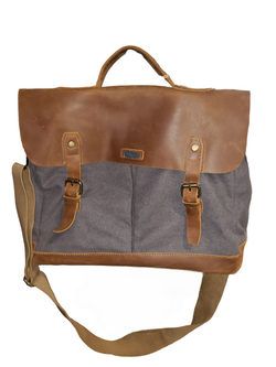 Dark grey canvas laptop bag with light brown detail