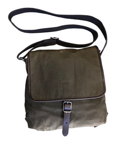 Olive green Fossil canvas satchel with brown leather trim