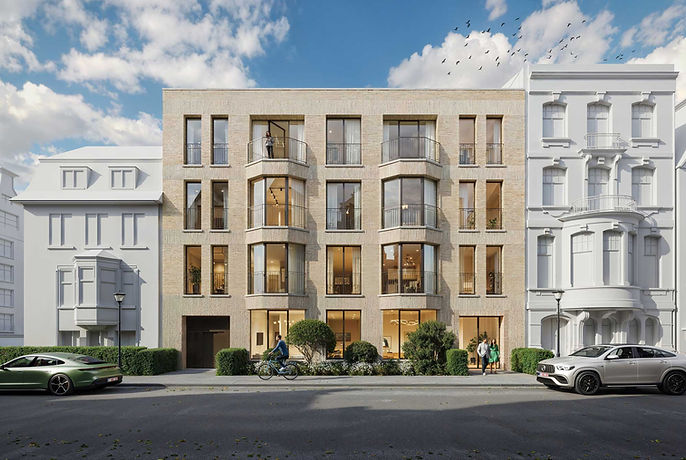 Exclusieve voorgevel van Il Rettore, een high-end nieuwbouwproject met vier ruime appartementen in de Markgravewijk, Antwerpen