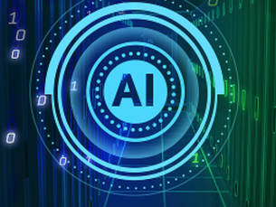 Blue and green digital background with binary code and a glowing circular design highlighting the letters “AI,” representing artificial intelligence and modern technology.