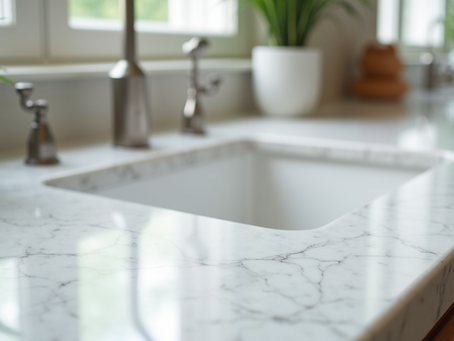 Marble countertop in a bright kitchen, with stainless steel faucet, potted plants, and large windows creating a fresh ambiance.