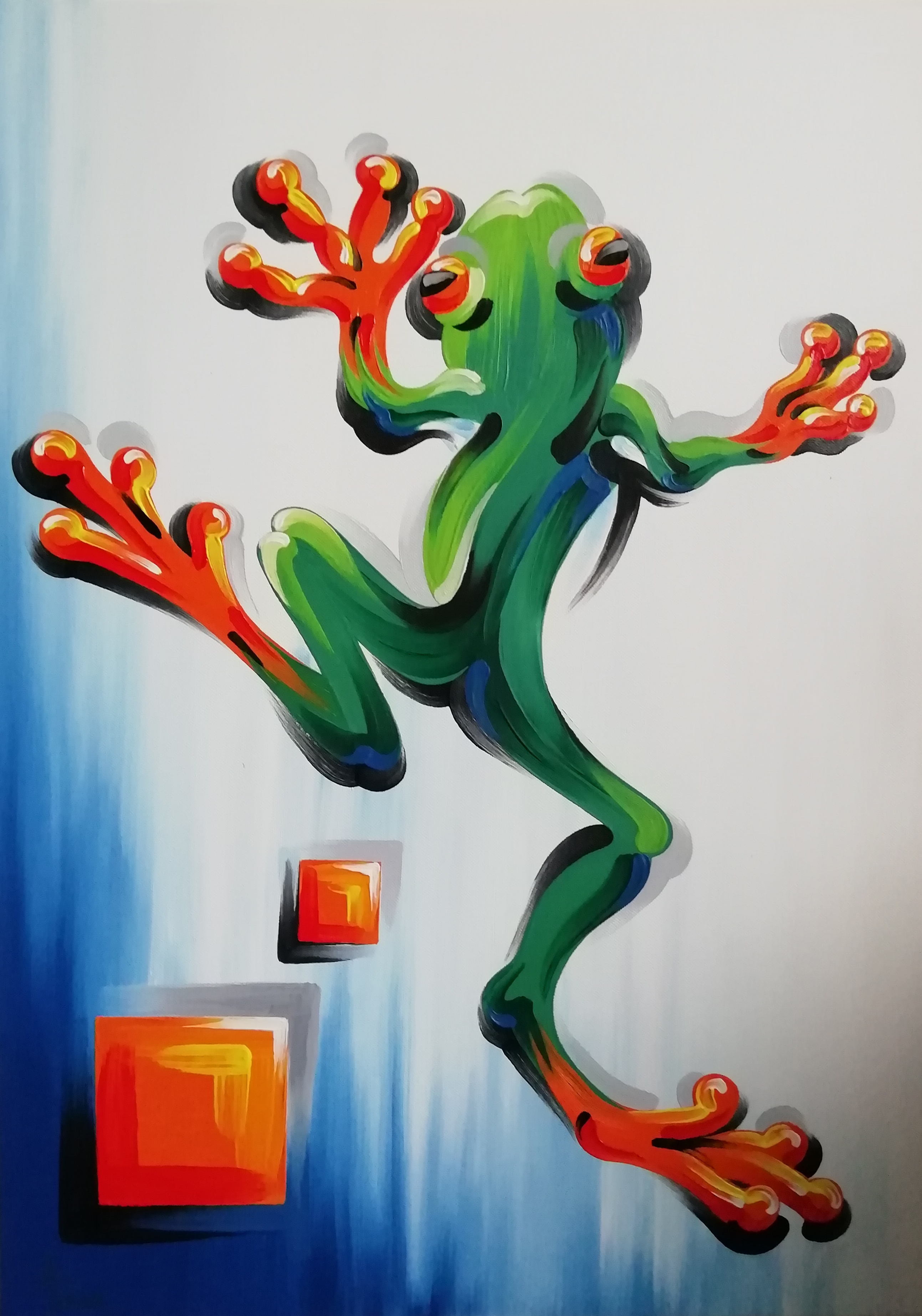 'Frog on White with Orange Squares'