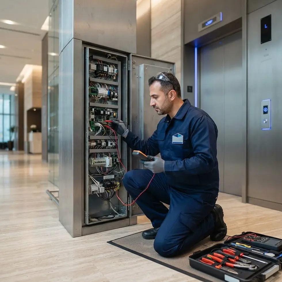 Studio photography of an elevator technician inspecting an open control panel in a modern lobby. The scene suggests technical maintenance and professional service.