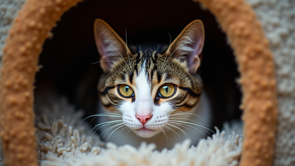 Augenhöhe einer alten Katze, die in einem gemütlichen Katzenhaus schläft
