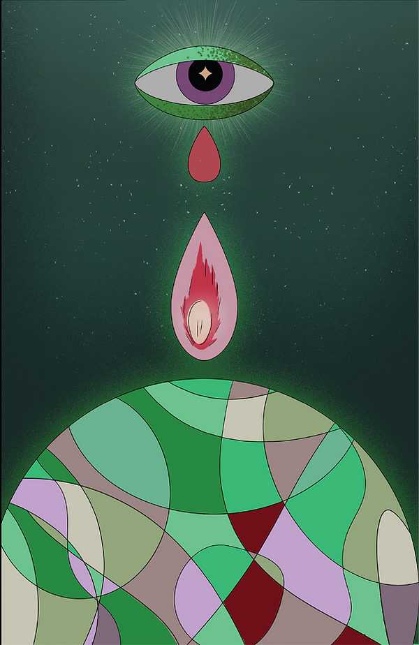 A cosmic seed falls, emblazed, towards Earth