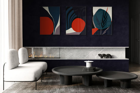 abstract nature art print capturing the essence of the outdoors with organic forms, serene colour palette. Red blue nature artwork. organic simple shapes.