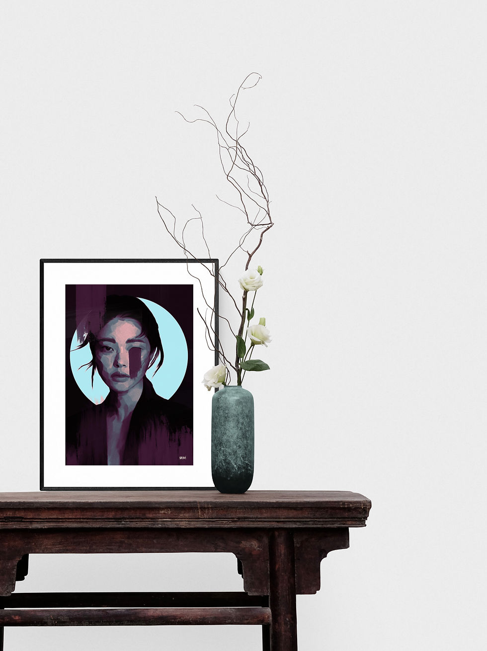 Thumbnail: modern art print inspired by Japan art with woman face big moon moody artwork