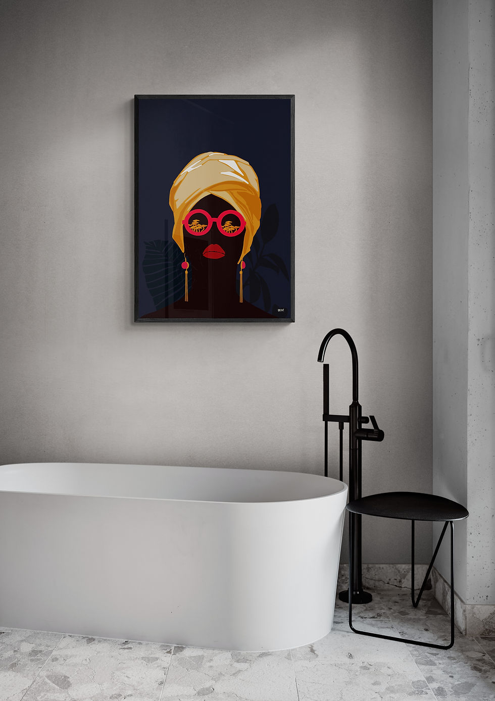 Thumbnail: modern simple shapes art print featuring woman faces, nature and snakes in red brown dark blue yellow color artwork
