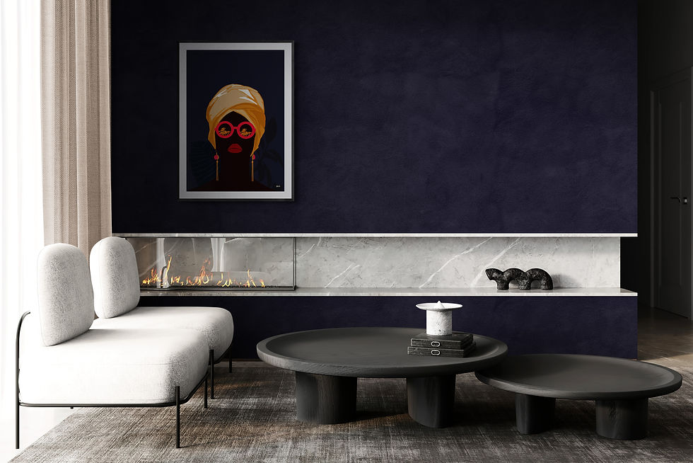 Thumbnail: modern simple shapes art print featuring woman faces, nature and snakes in red brown dark blue yellow color artwork