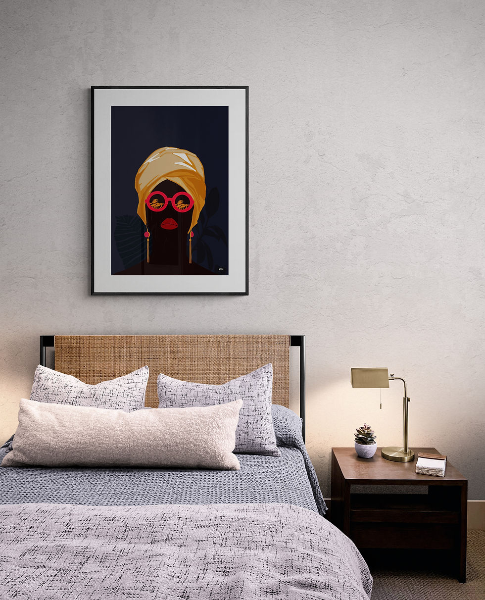 Thumbnail: modern simple shapes art print featuring woman faces, nature and snakes in red brown dark blue yellow color artwork