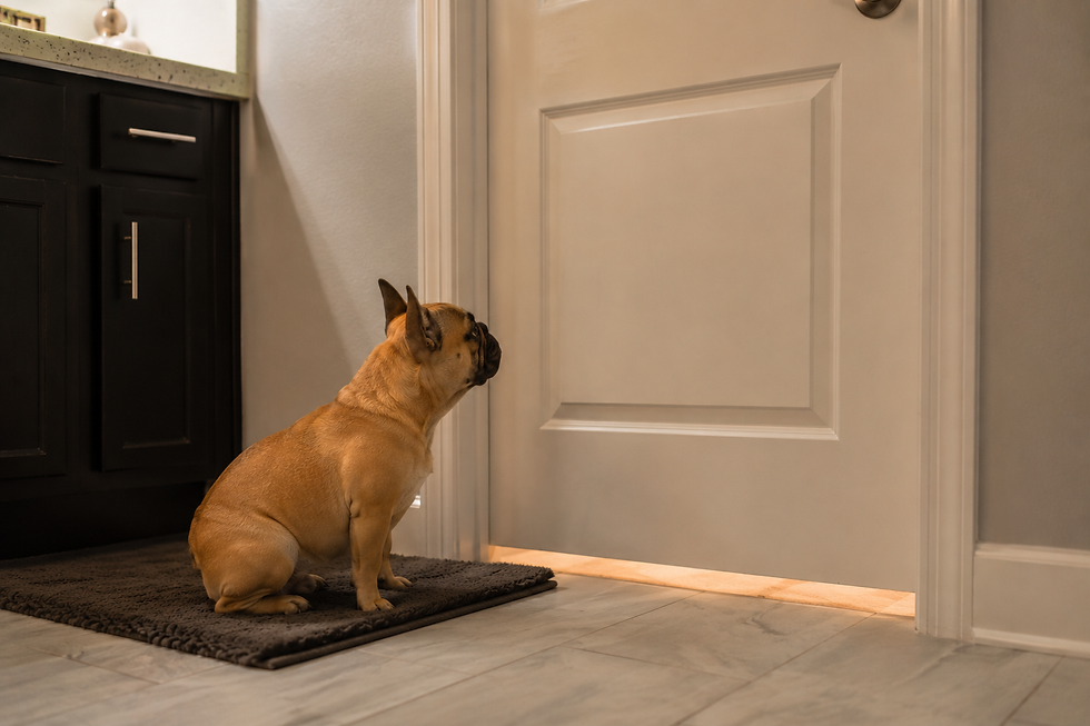 French Bulldog sitting outside a closed door at home