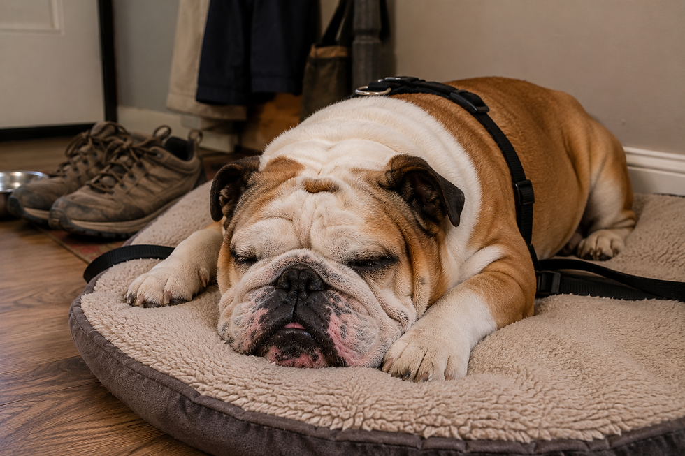 Bulldog sleeping deeply after exercise