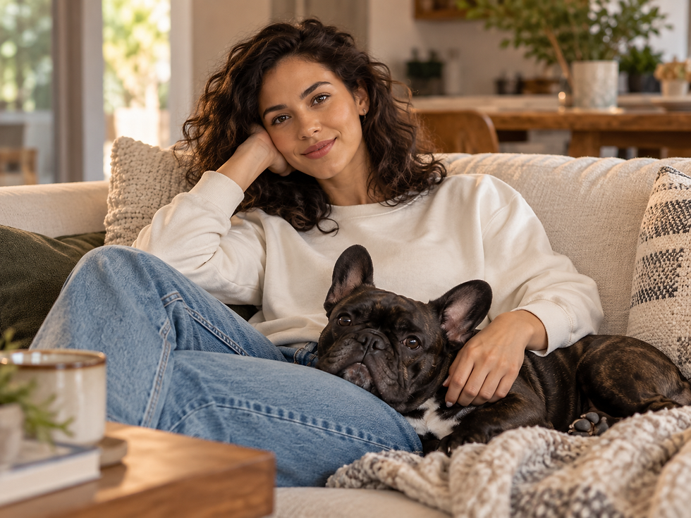 French Bulldog resting closely beside its owner