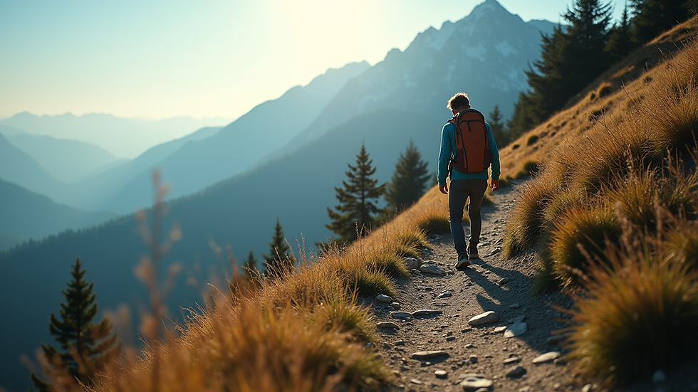 eye-level view of a person climbing a mountain trail