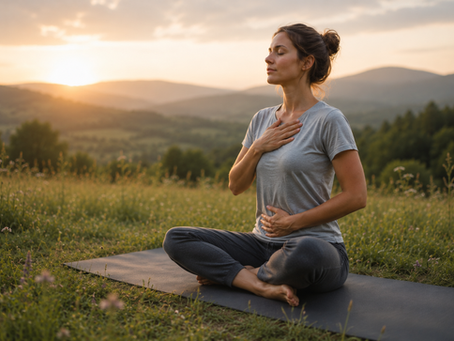 Woman sitting quietly on a yoga mat in a meadow, practising mindful breathing and embodied awareness.