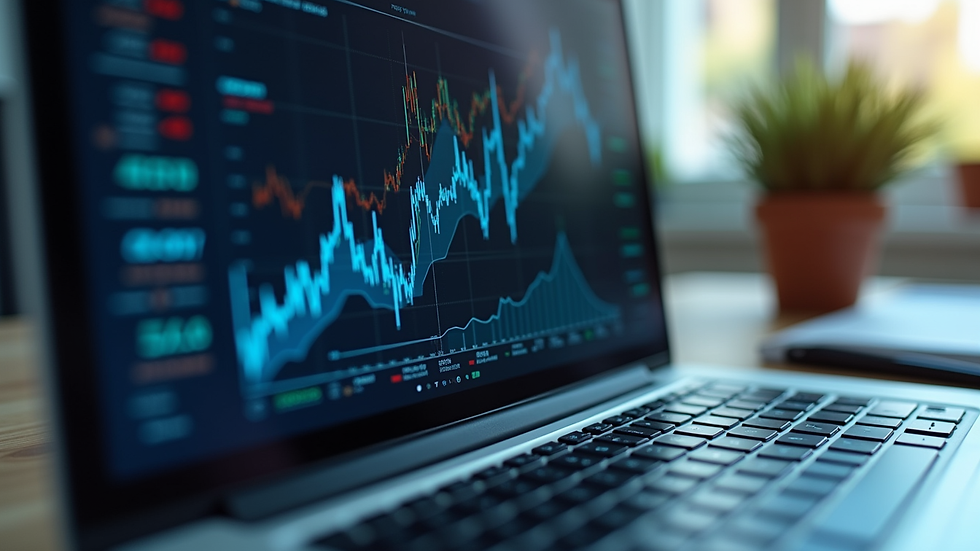 Close-up view of a laptop screen displaying financial charts and graphs