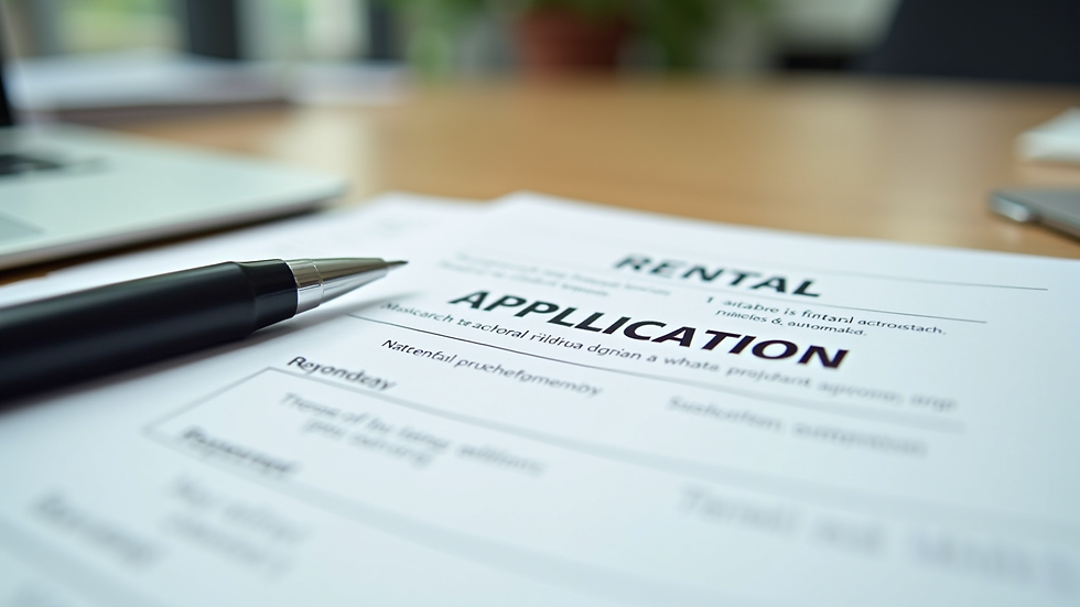 Close-up view of a rental application form with a pen on top
