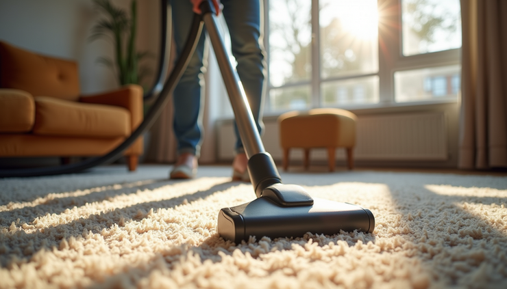 High angle view of a cleaning professional vacuuming a carpet in a Cork living room
