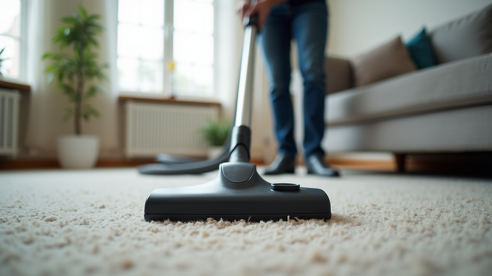 Eye-level view of a professional cleaner vacuuming a modern living room carpet