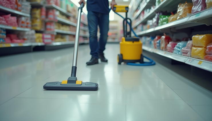 High angle view of a professional cleaner using a vacuum in a retail store