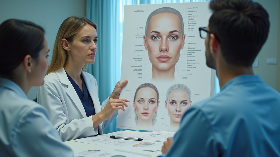 Close-up view of a patient consultation with a surgeon reviewing facial anatomy charts