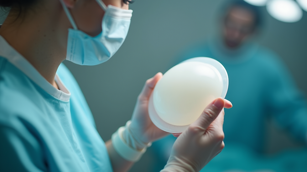 Eye-level view of a medical professional holding a silicone breast implant