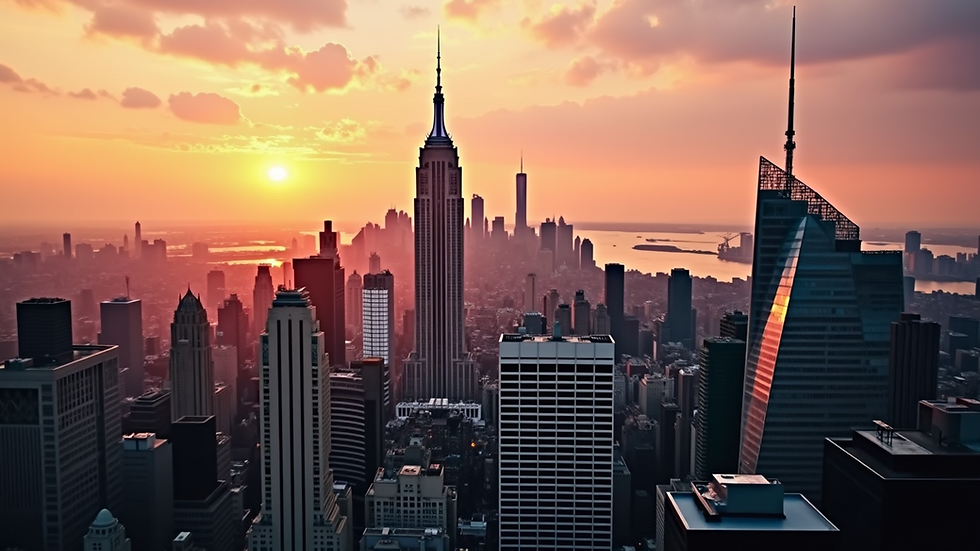 High angle view of a sleek New York City skyline at sunset