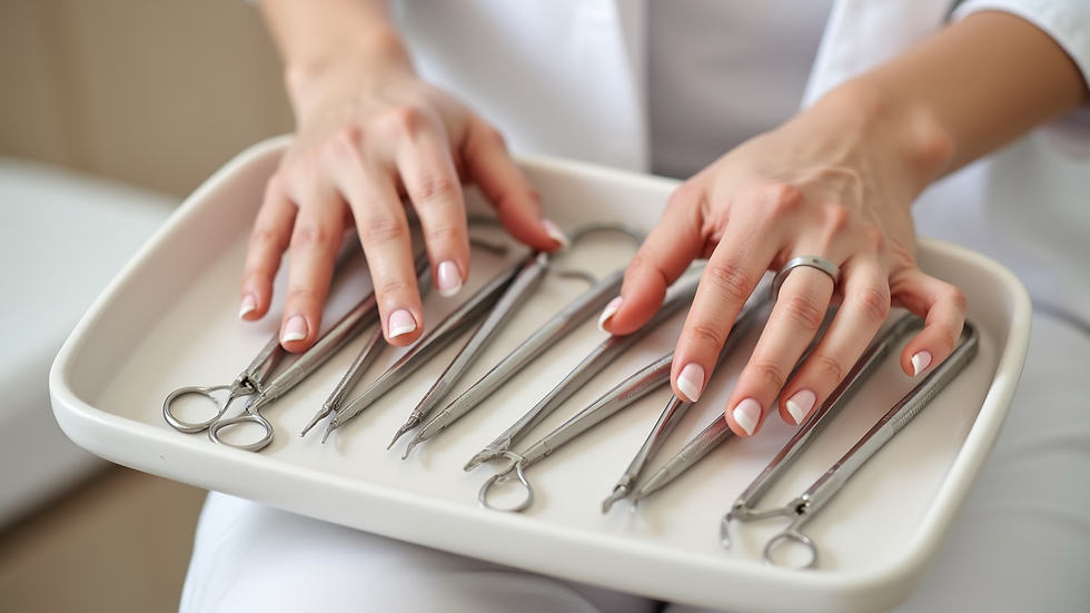Close-up view of surgical instruments arranged neatly on a tray