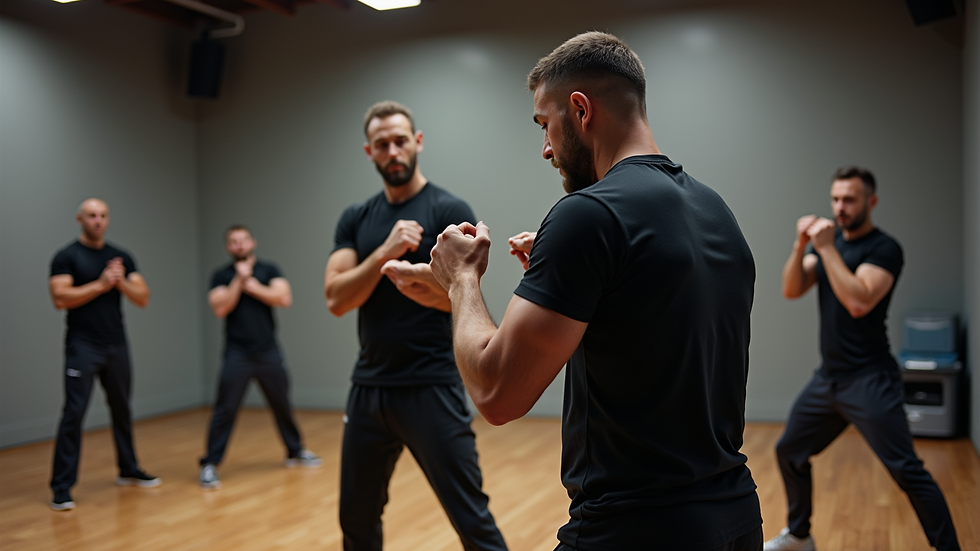 Wide angle view of a self-defense training session, focusing on group dynamics