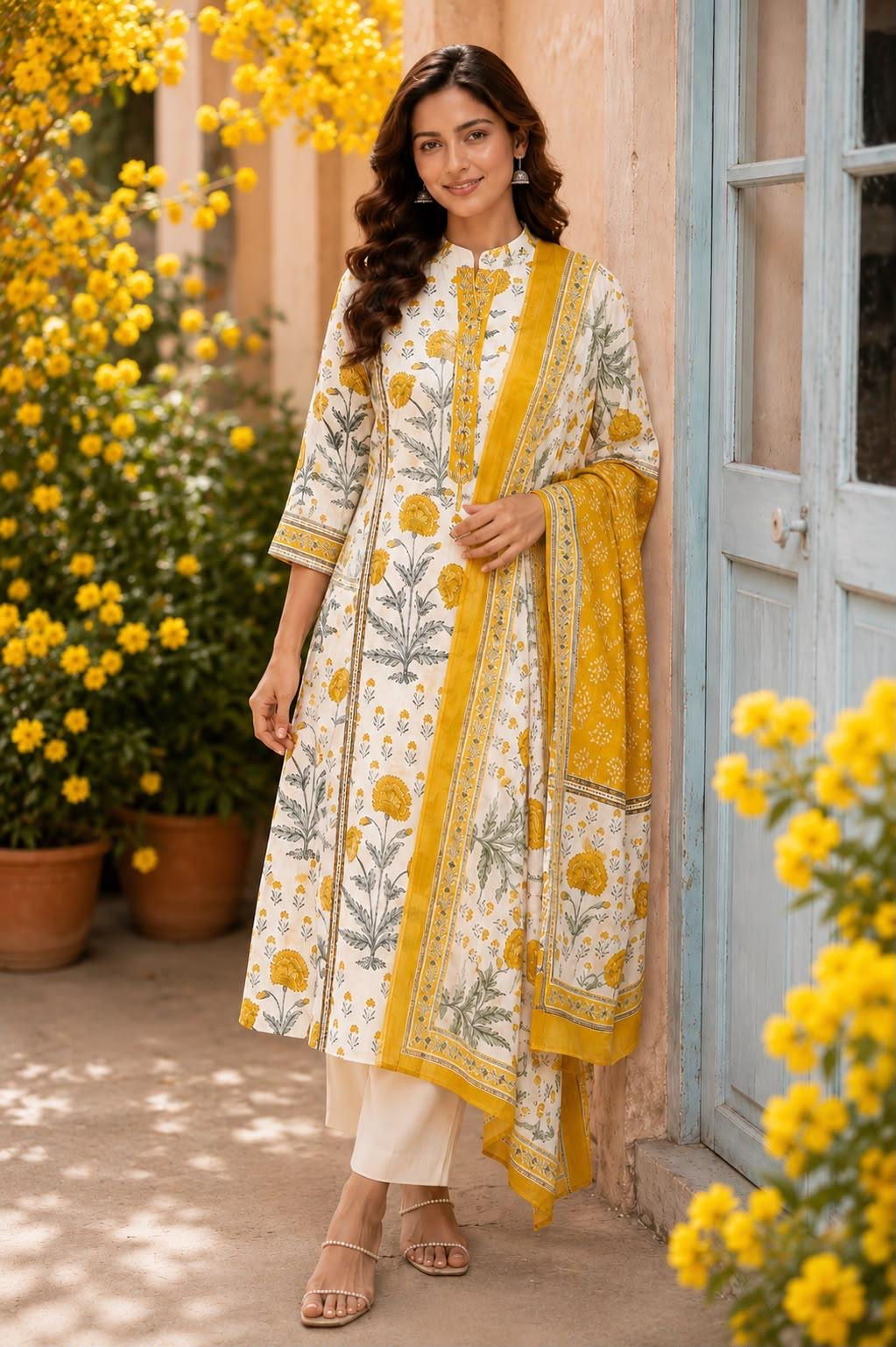 RIVIKA Mustard Floral Printed Coton Kurta set with Dupatta