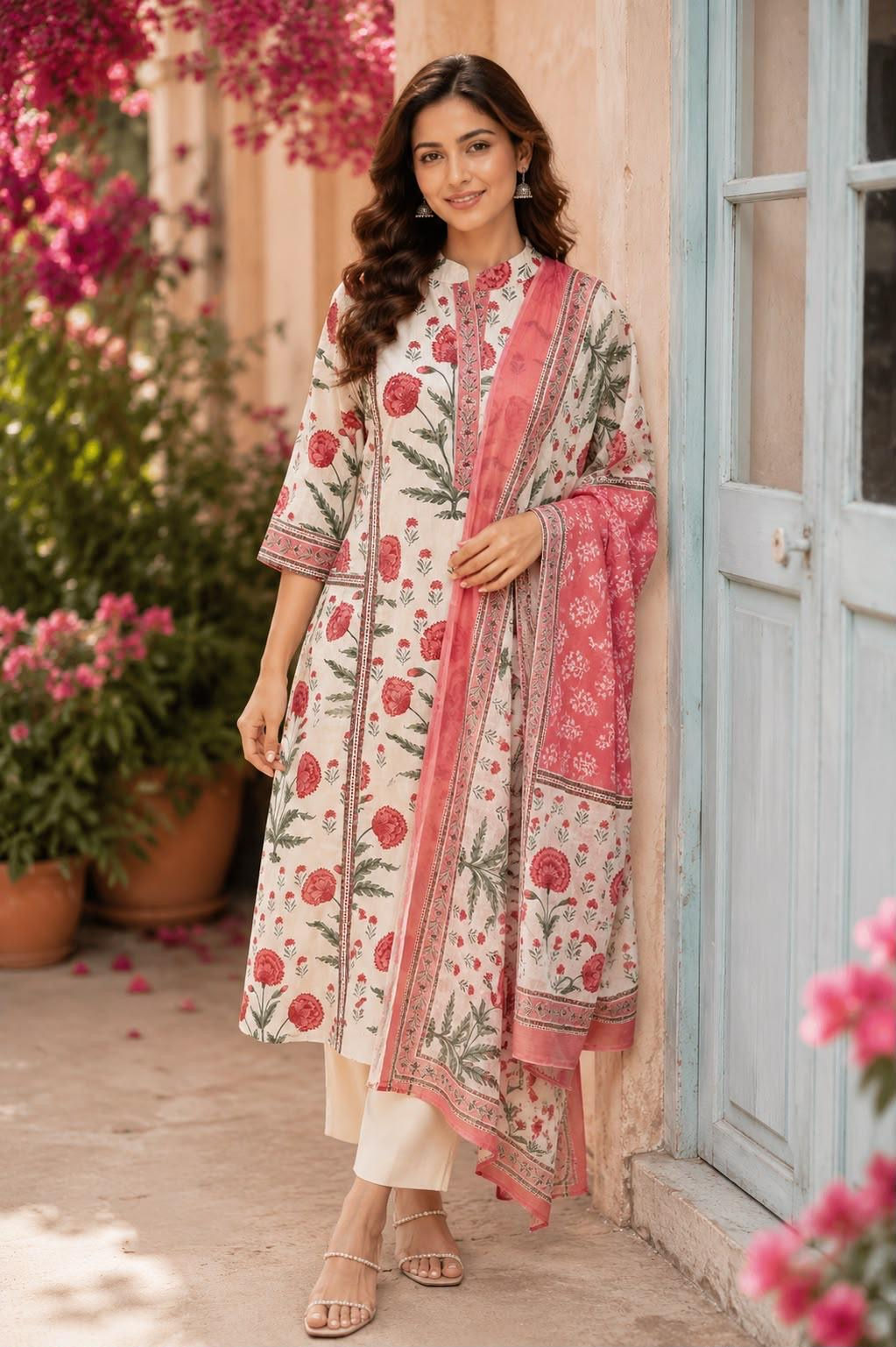 RIVIKA Pink Floral Printed Coton Kurta set with Dupatta