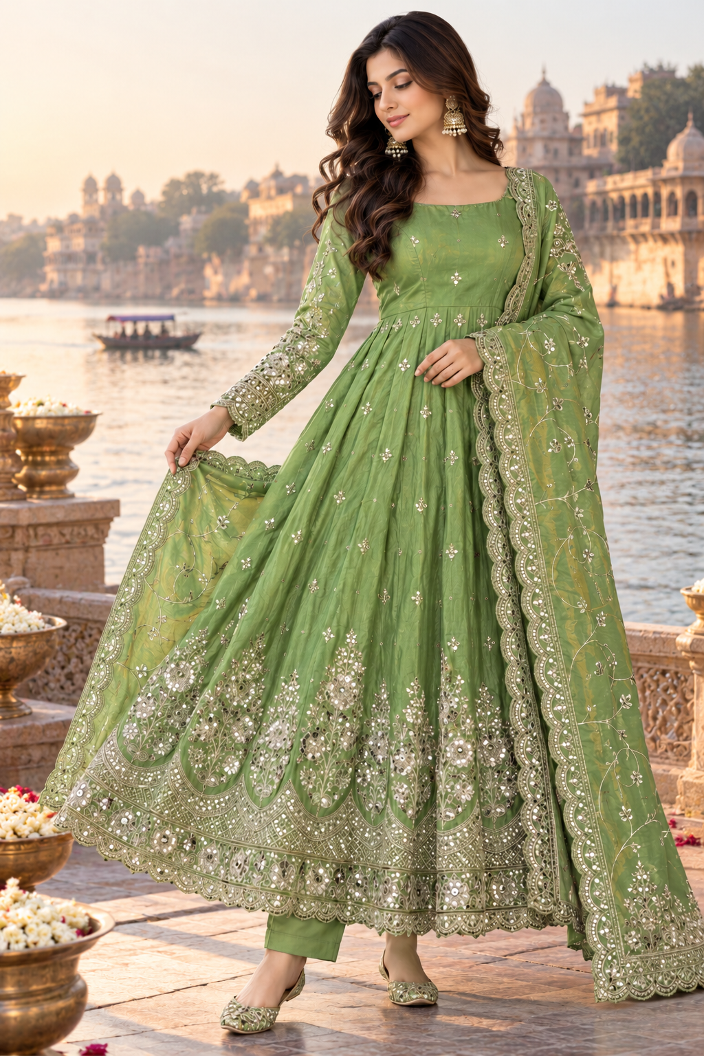 RIVIKA Sage Green Embroidered Anarkali Gown Set with Dupatta