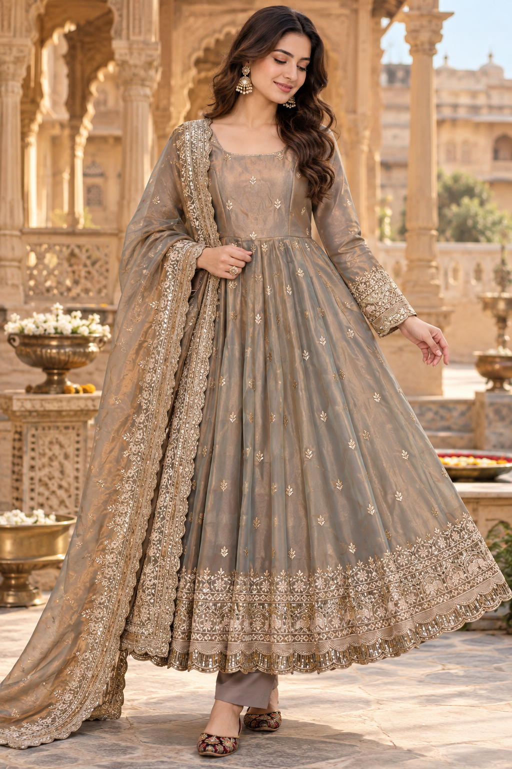 RIVIKA Mocha Taupe Embroidered Anarkali Suit Set with Dupatta