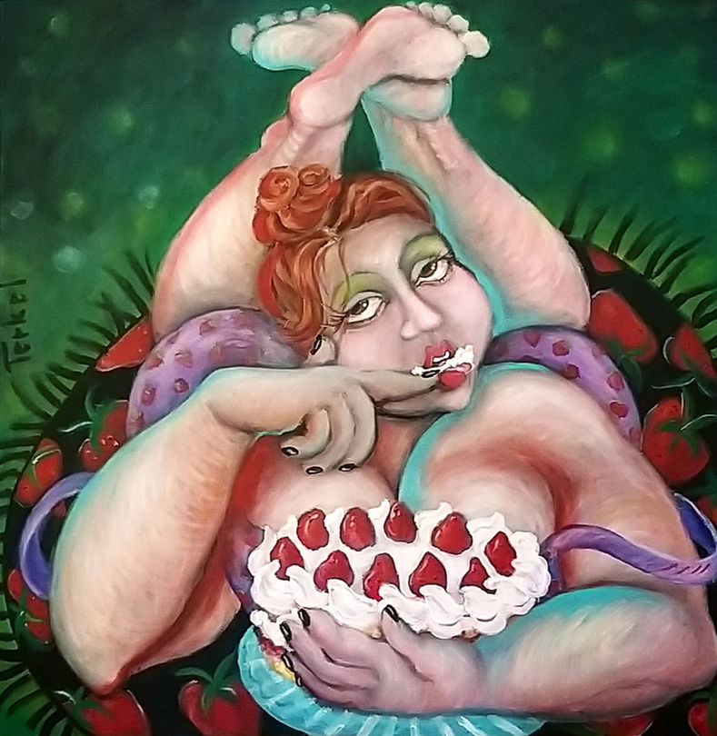 Surreal painting of a woman with strawberries and licking the cream from her finger by Painter Liora Terkel. Acrylic on Canvas.