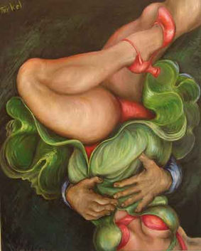 Surreal artwork featuring intertwined legs and green leaves.