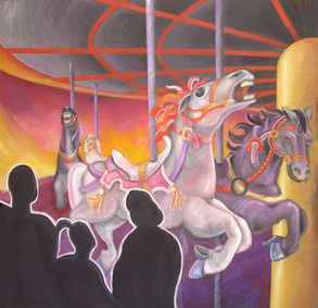 Carousel horses with silhouetted figures in foreground.