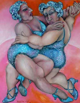 Two figures in blue costumes dancing together.
