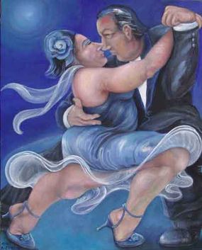 Couple dancing passionately in vibrant blue attire.