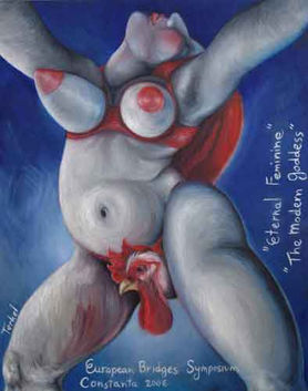 Abstract painting of a figure with a rooster.