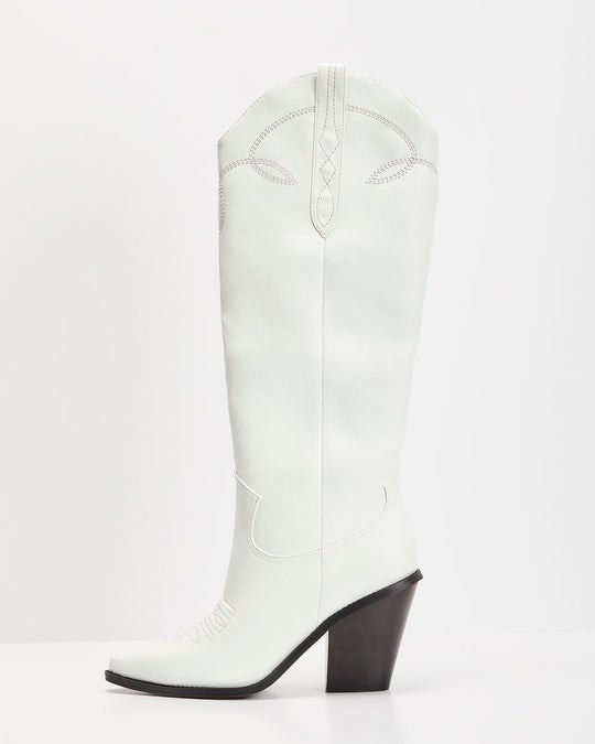 Miniatura: Bota vaquera blanca de piel con tacón alto negro