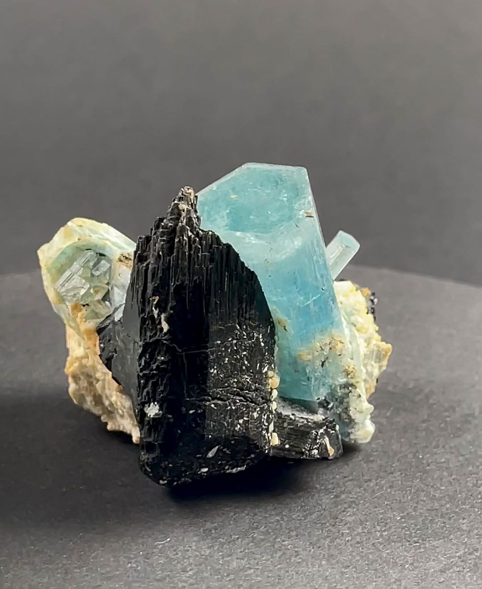 Thumbnail: Aquamarine on tourmaline (Schörl) - Farm Bergsig, Erongo, Namibia