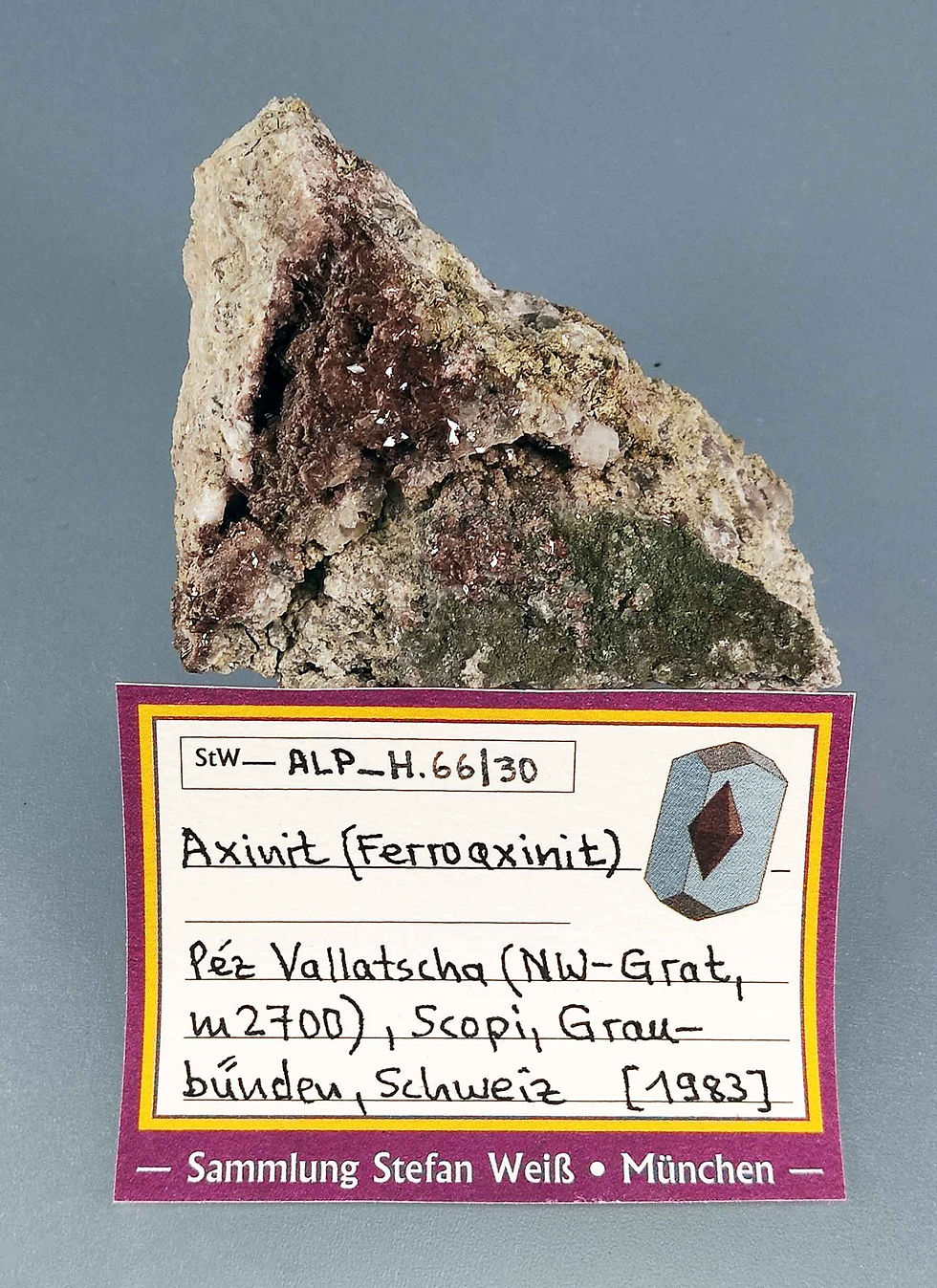Thumbnail: Axinite (ferroaxinite), adulara, chlorite - Péz Vallatscha, Scopi, Grisons, CH