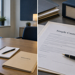Split-screen image of a regulatory interview room and a simple caution legal document in a UK enforcement context.