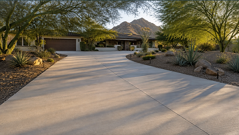 New concrete driveway poured in front of an established Phoenix ranch home with desert landscaping