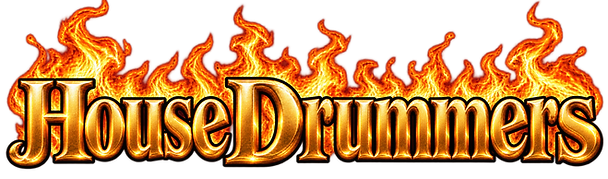 炎をまとった金色のHouse Drummersロゴ.png