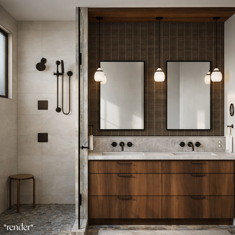 Modern bathroom with double walnut vanity