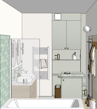 salle de bains familiale avec buanderie et plan à langer pour bébé