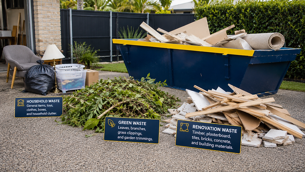 Sorted household, green, and renovation waste beside a skip bin