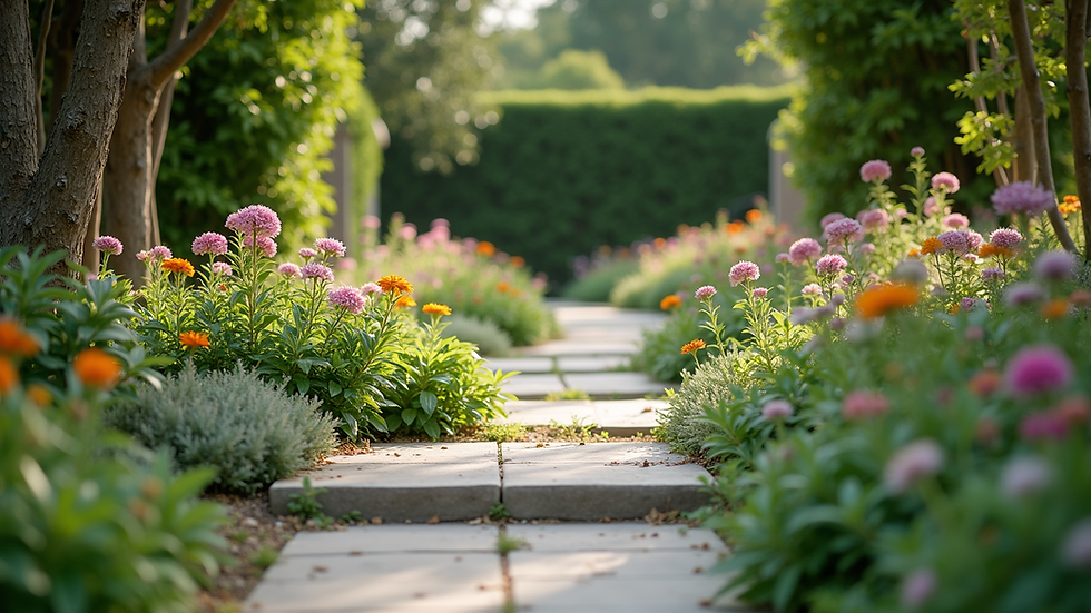 Eye-level view of a landscaped garden with stone pathways and flower beds